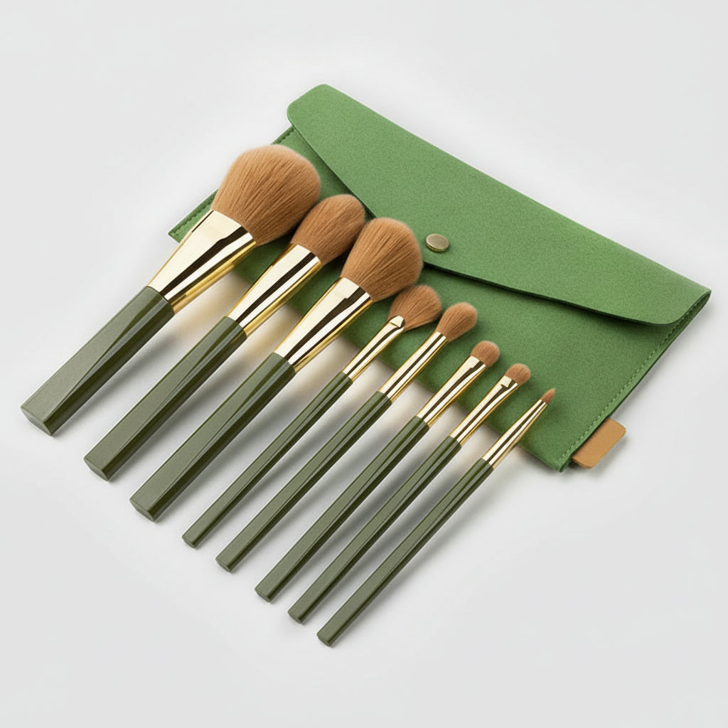 8-Piece Soft Makeup Brush Set – Green Shimmer Finish