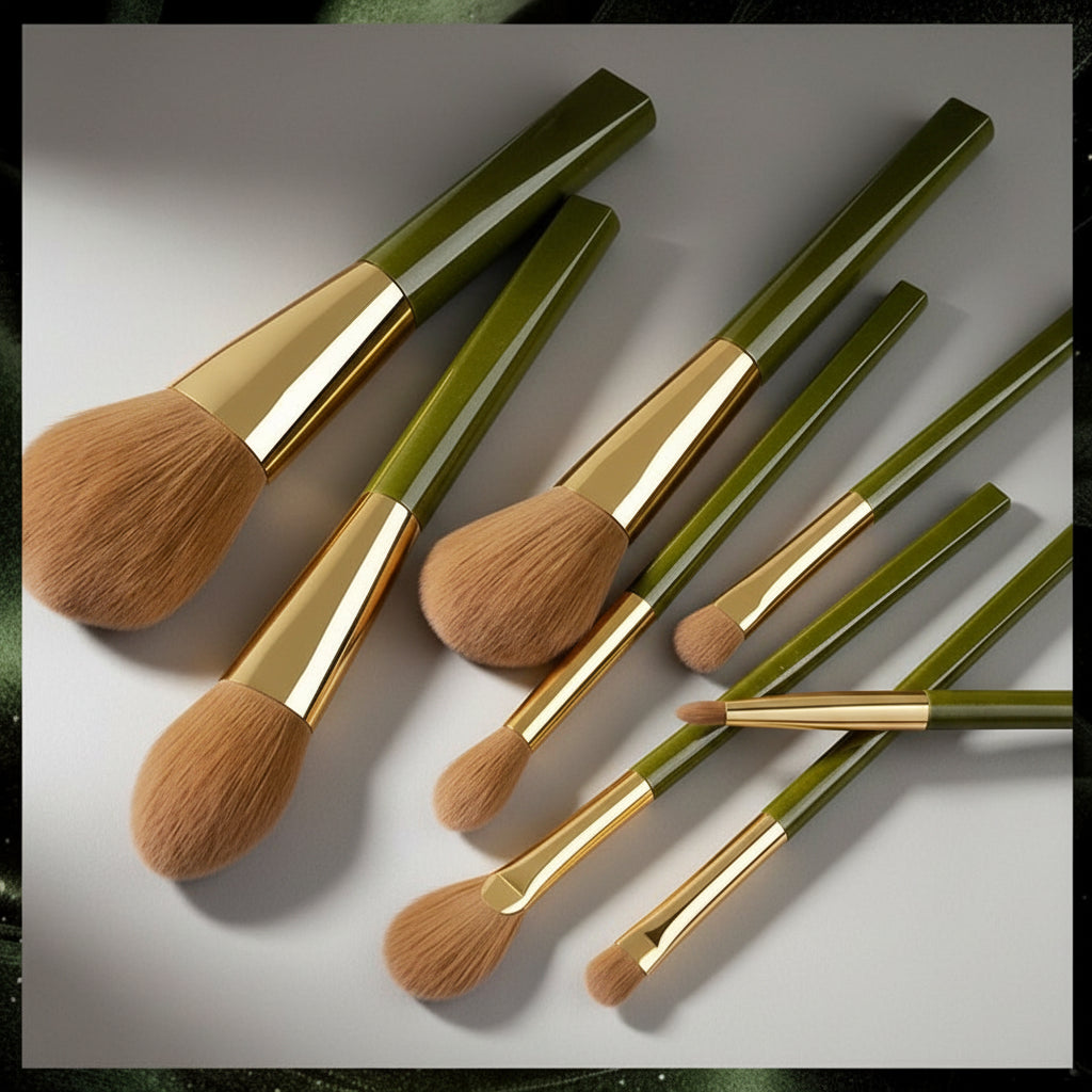 8-Piece Soft Makeup Brush Set – Green Shimmer Finish