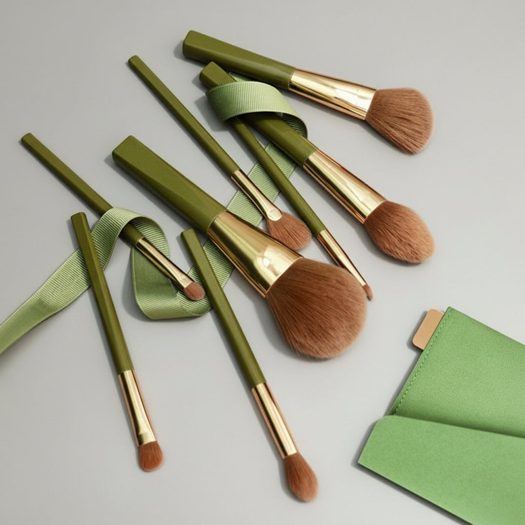 8-Piece Soft Makeup Brush Set – Green Shimmer Finish