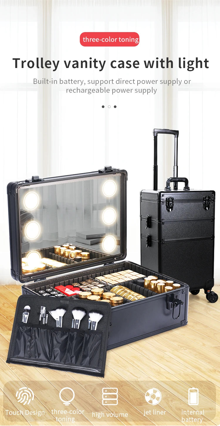Professional Makeup Case with LED Mirror – Rolling Cosmetic Cart for Hairstylists & Salons