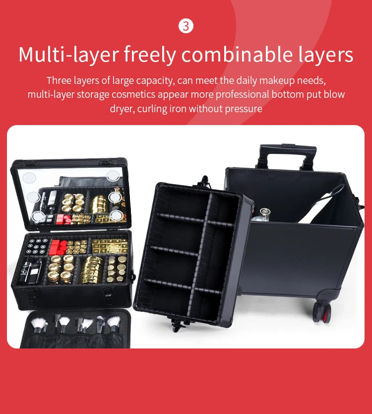 Professional Makeup Case with LED Mirror – Rolling Cosmetic Cart for Hairstylists & Salons