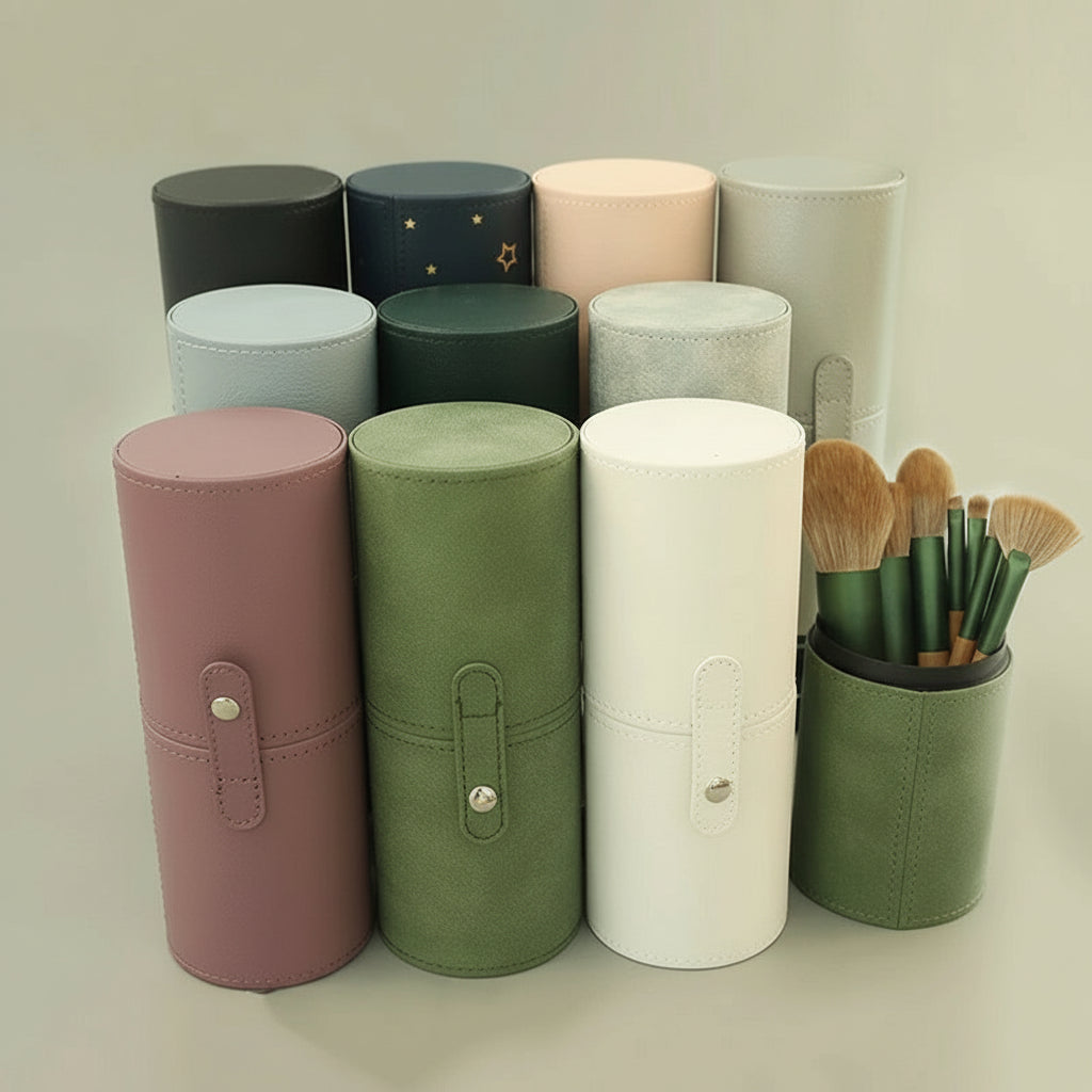 PU Leather Makeup Brush Holder – Portable Travel Cylinder Case, Waterproof & Dust-Proof Organizer