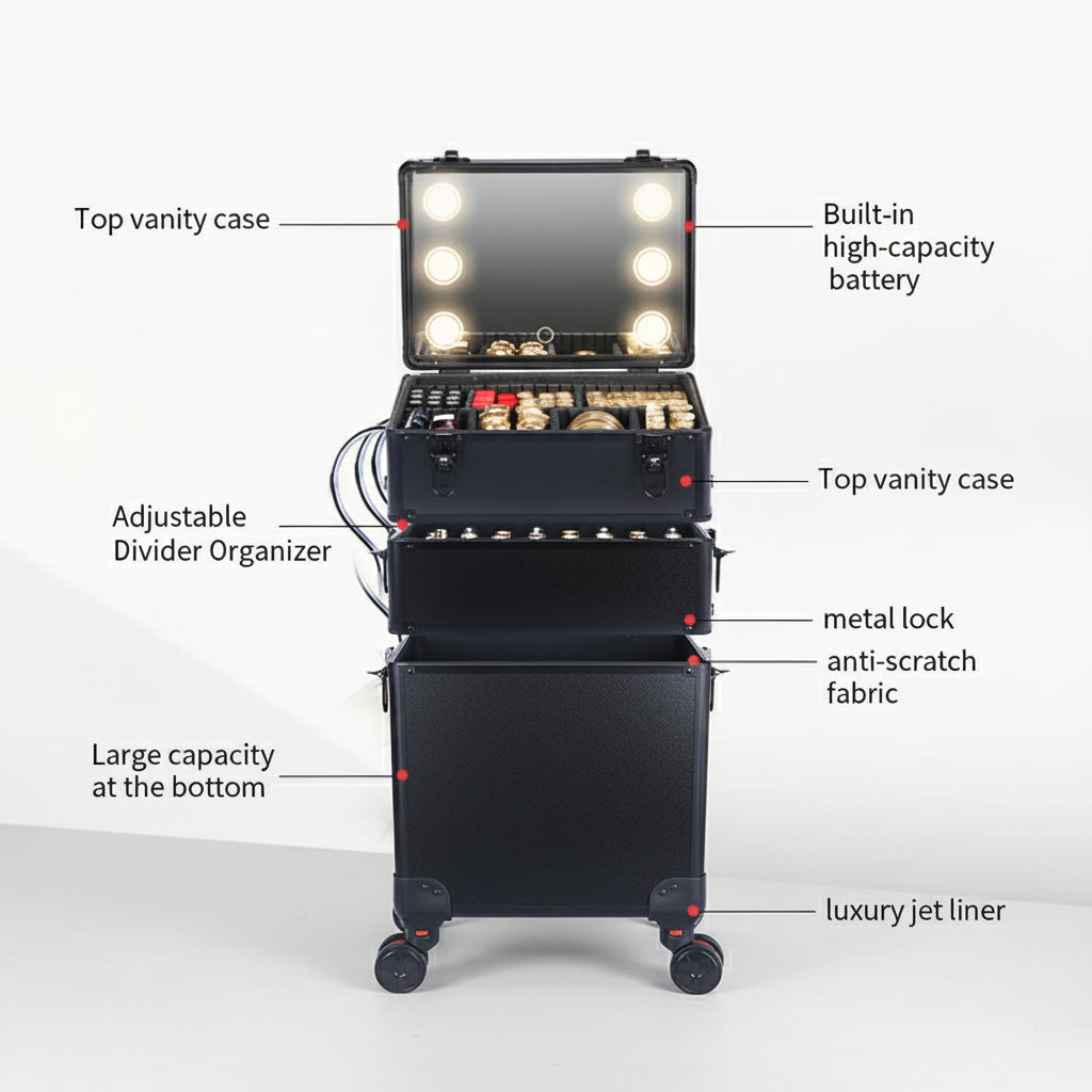 Professional Makeup Case with LED Mirror – Rolling Cosmetic Cart for Hairstylists & Salons