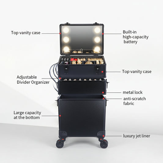 Professional Makeup Case with LED Mirror – Rolling Cosmetic Cart for Hairstylists & Salons